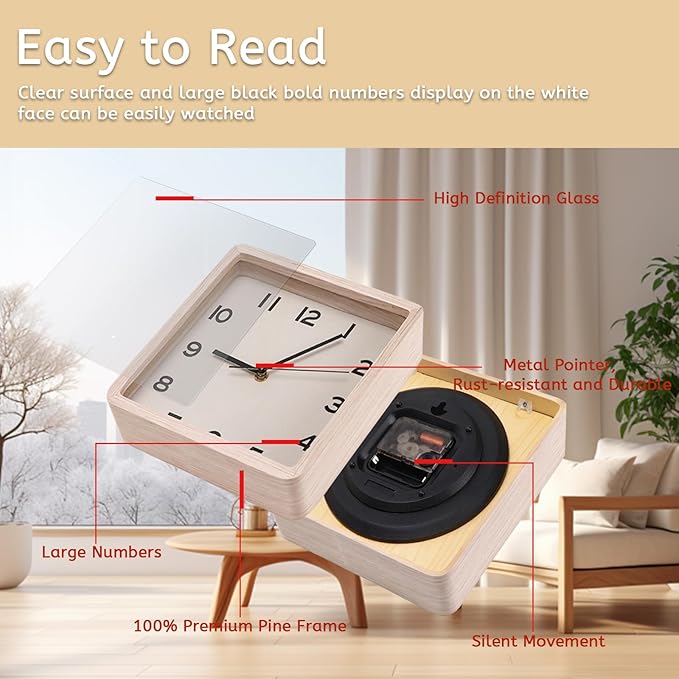 Maxspace Wooden Wall Clock, 8 Inch Non-Ticking Silent Square Wall Clock - Image 3