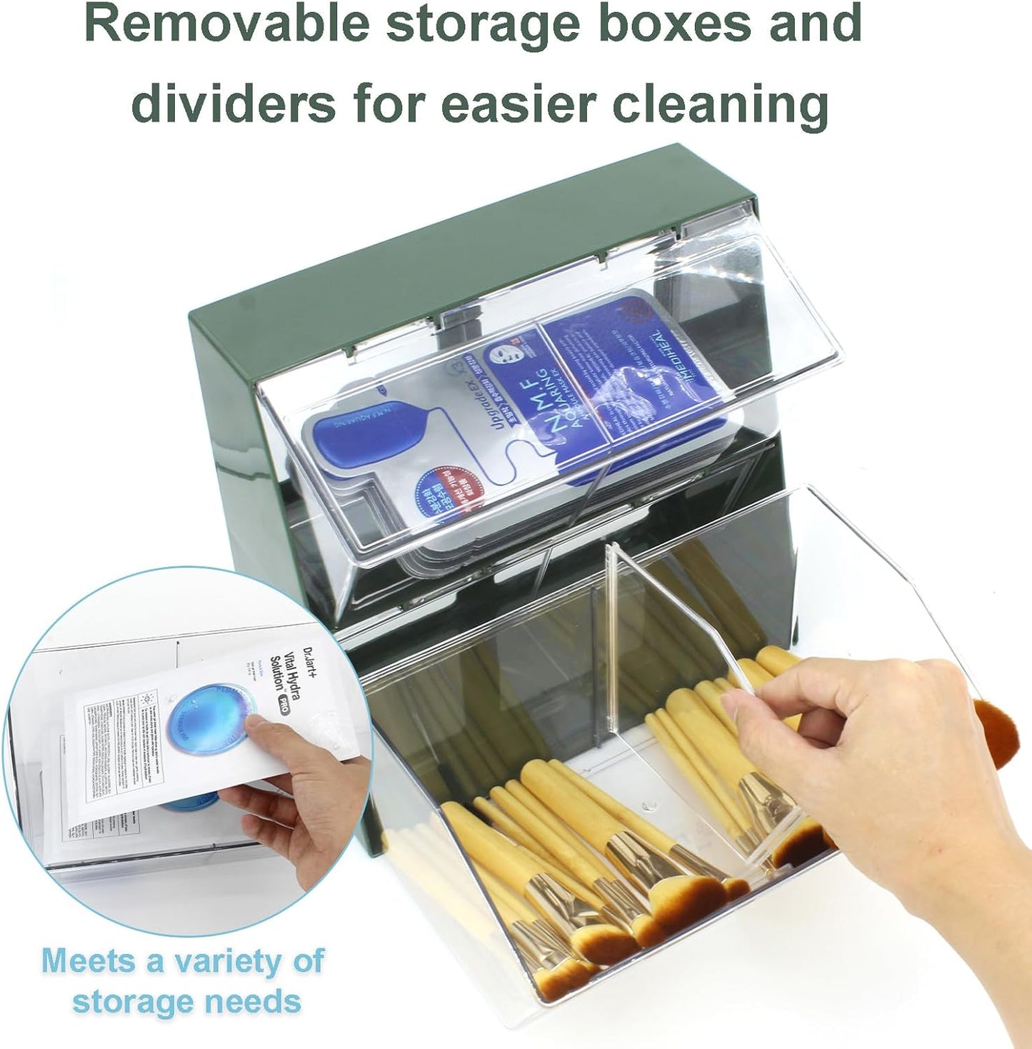 Bokelai K Cup Holder Plastic Organizer for coffee pod with Lid Large Capacity Countertop Versatile Desk Storage Station for Capsule Creamer Suger Tea Bag Face Mask Green/Clear