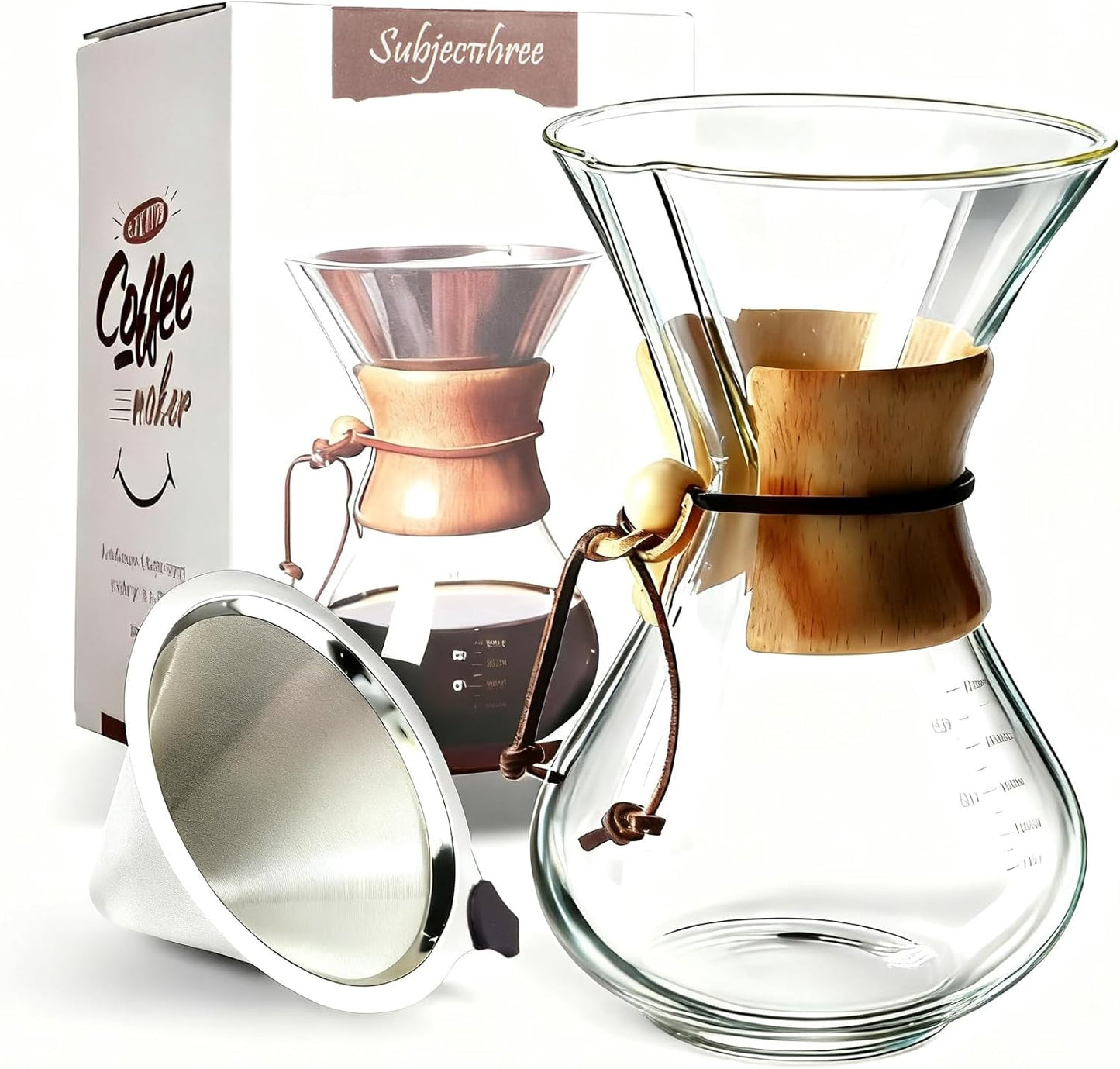 Subjectthree Pour Over Coffee Maker Set 8 Cup Glass Coffee Carafe Dripper with Stainless Filter for Camping Home Office Cafes Easy Clean (8 Cup/28 oz)