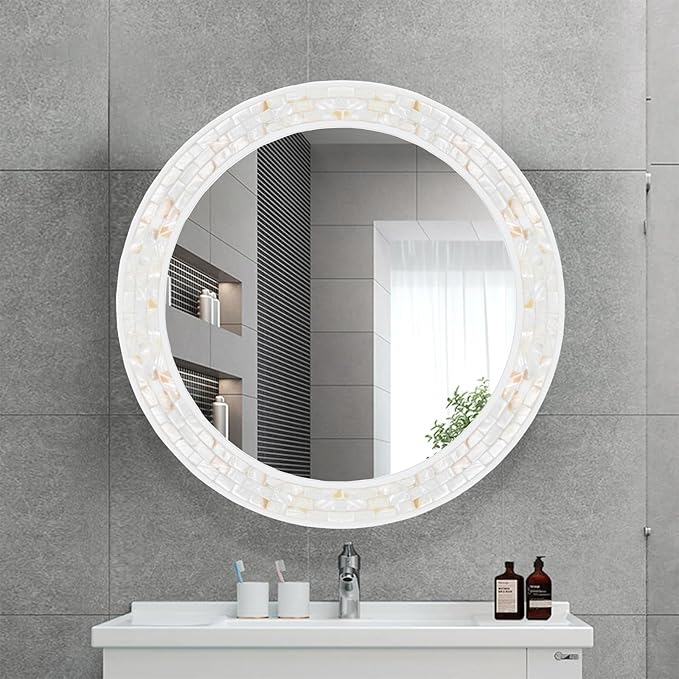 Mosaic Mirrors for Wall 24 Inch, Natural Mother of Pearl Inlay White Framed - Image 6