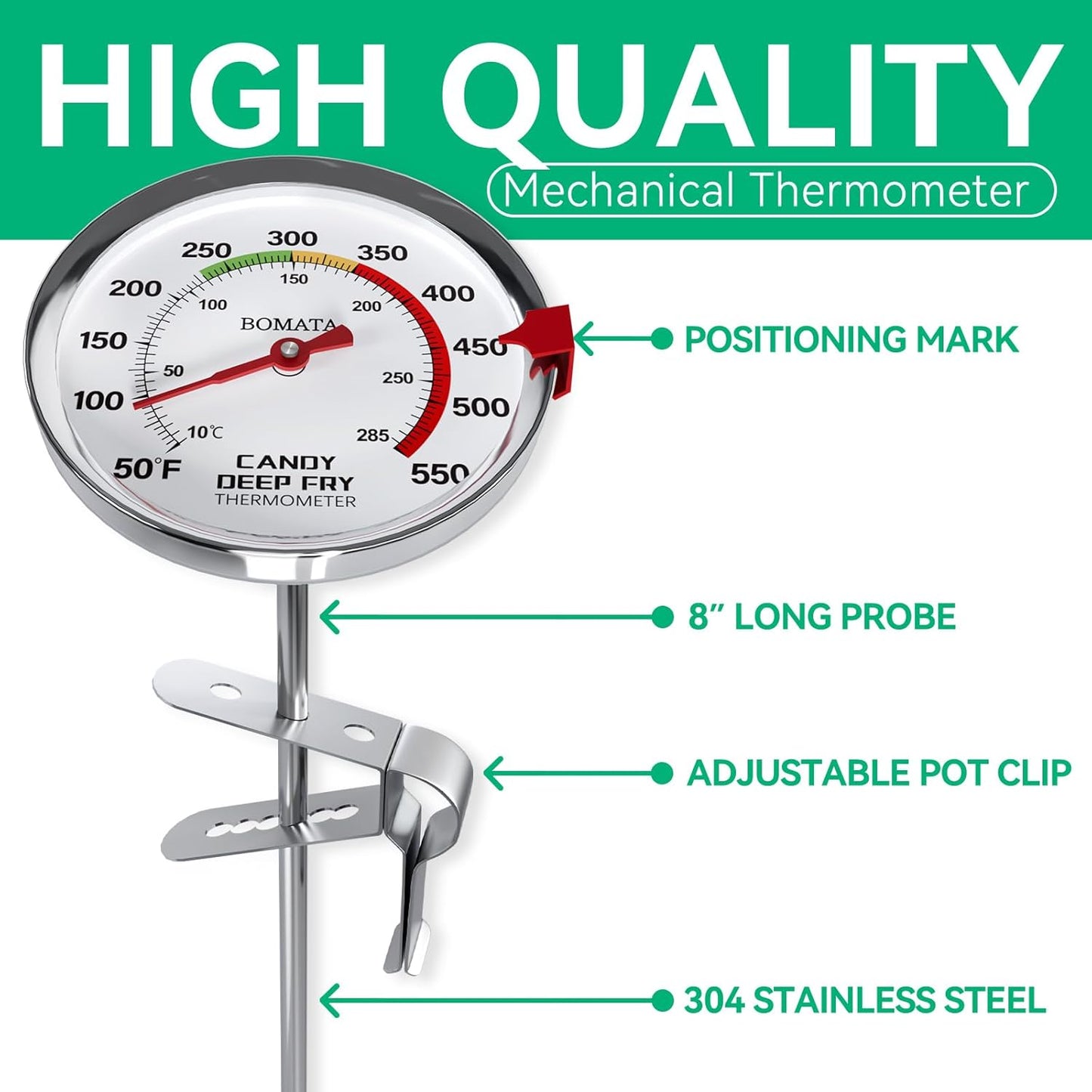 BOMATA 2-Pack Waterproof IP67 Candy Thermometers with Pot Clip, Deep Fry Oil Thermometer with Upgraded 2.5in Large Display for Cooking, Food, Turkey, BBQ, Grill... Mth400