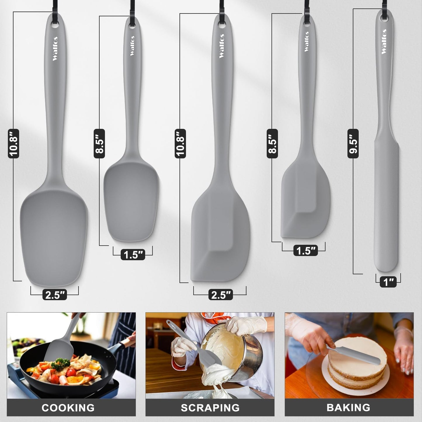 Walfos Silicone Spatula -5 Pieces Heat Resistant Kitchen Spoon Spatulas（600°F), Strong Steel Core and One-Pieces Seamless Design, Prefect for Cooking Mixing Baking - BPA Free and Dishwasher Safe,Gray