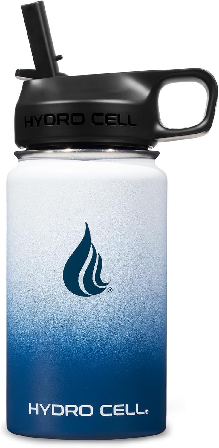 HYDRO CELL Stainless Steel Insulated Water Bottle with Straw - For Cold & Hot Drinks - Metal Vacuum Flask with Screw Cap and Modern Leakproof Sport Thermos for Adults (Navy/White 14oz)