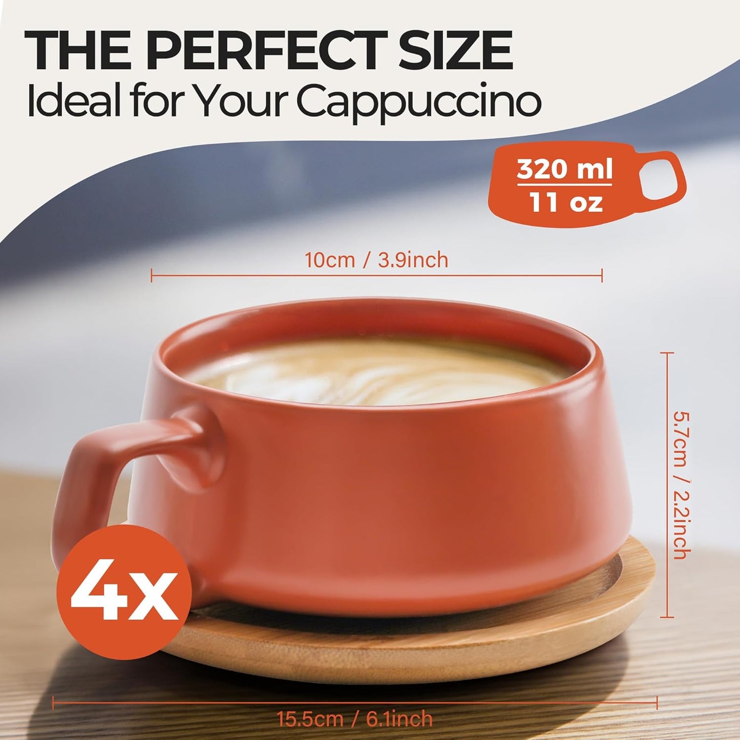 MIAMIO – 11 Oz., Set of 4 Ceramic Tea Cup and Saucer Bamboo/Tea Mug - Wide Cappuccino Cup, Coffee Cups Ceramic Mug for Cappuccino, Latte, Espresso & Americano - Luxe Collection (Beige Pastel)