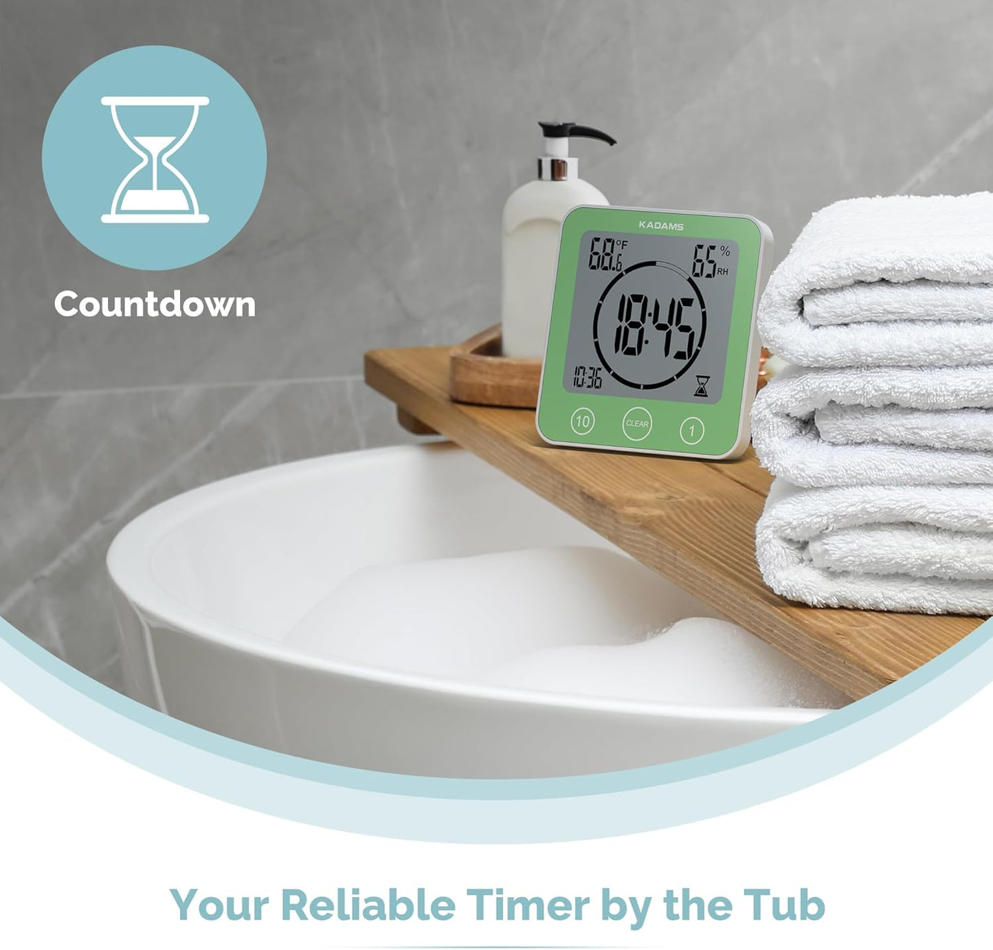 KADAMS Shower Clock Waterproof Bathroom Timer – Digital Wall Clock with Countdown, Magnetic Kitchen Clock with Temperature & Humidity, Suction Cup for Kids Shower Spa Sauna Cook Bath (Green)