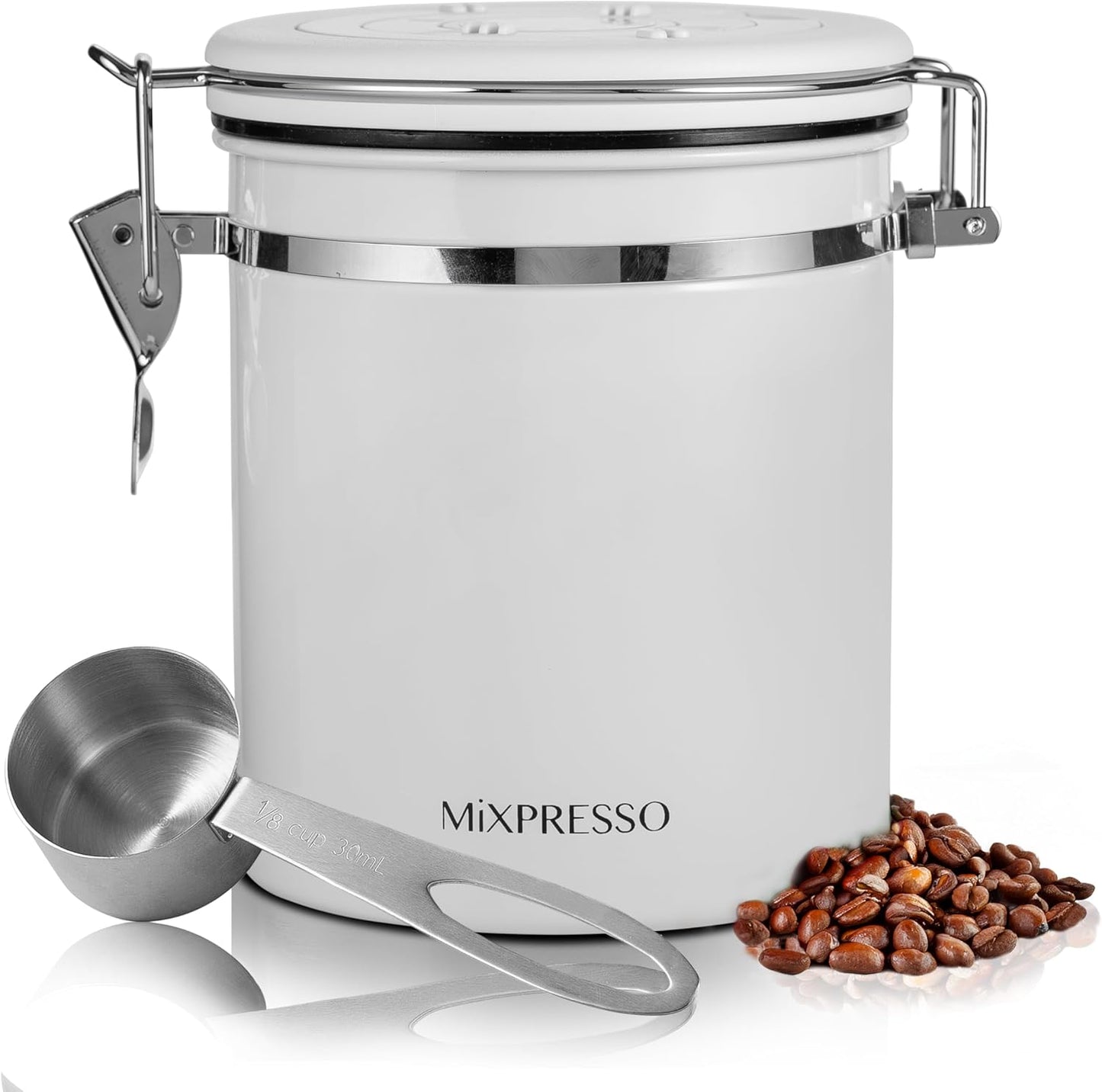 Mixpresso 16 Oz White Coffee Canister, Stainless Steel Airtight Coffee Container, Air tight Jar Tea Storage with Date Tracker, Vacuum Sealed Espresso Airtight Canister, Sugar Container for Home