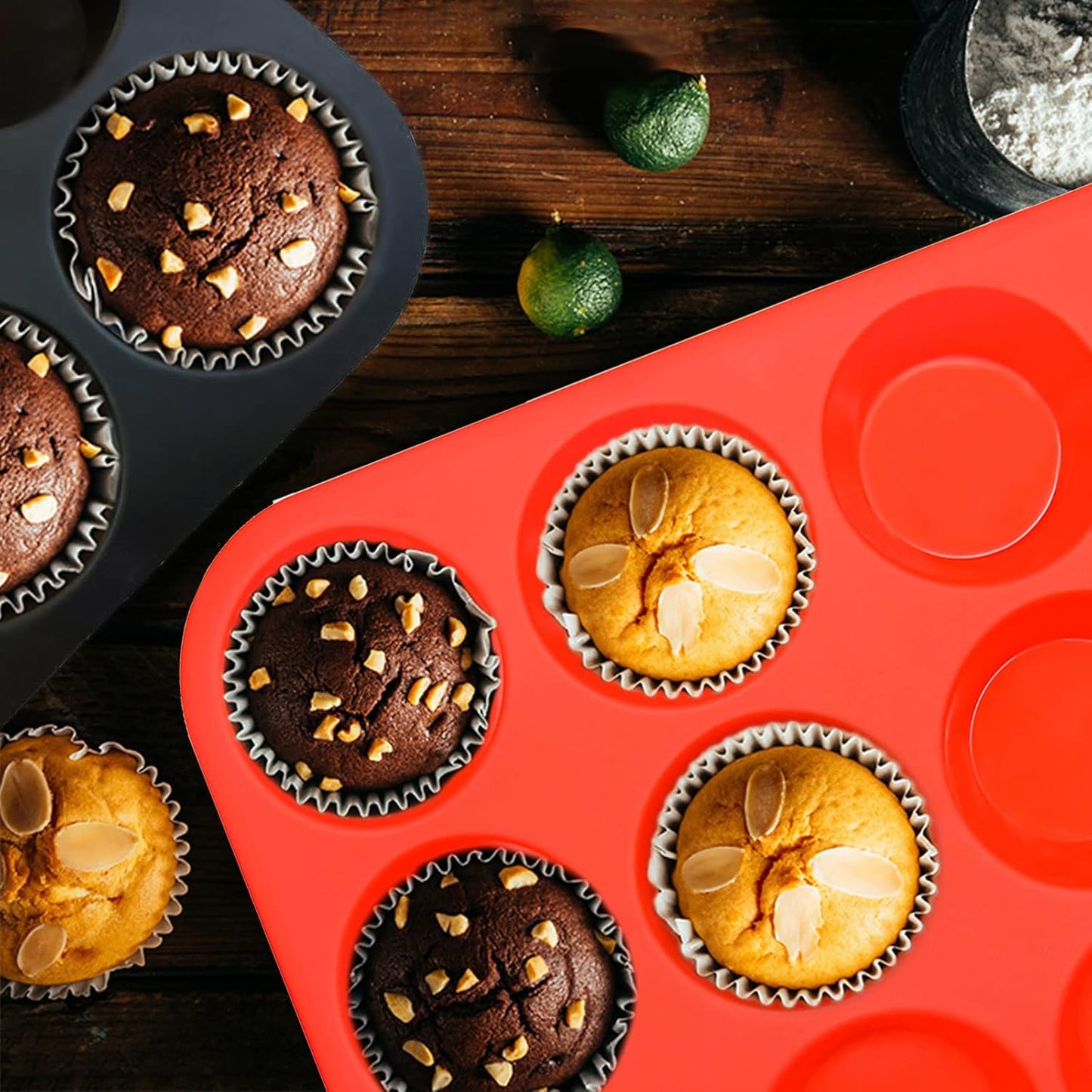 Silicone Muffin Pan Set,2 Pcs 2.8" 12 Cups Egg Bite Mold,Non-Stick,Easy Release,For Egg Muffins, Cupcakes, Large Muffins,Pizza Muffins,Cheesecakes(Black + Red)