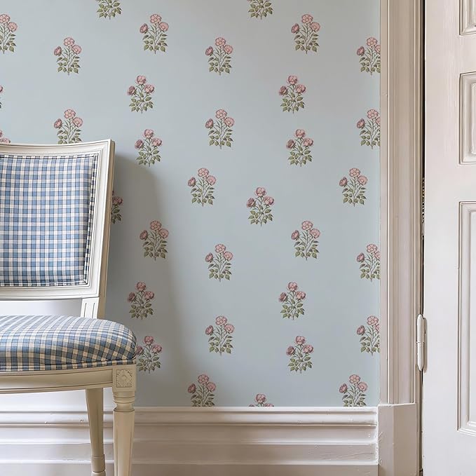 17.3" x 196.8" Vintage Blue Floral Wallpaper Peel and Stick Boho Wallpaper - Image 7