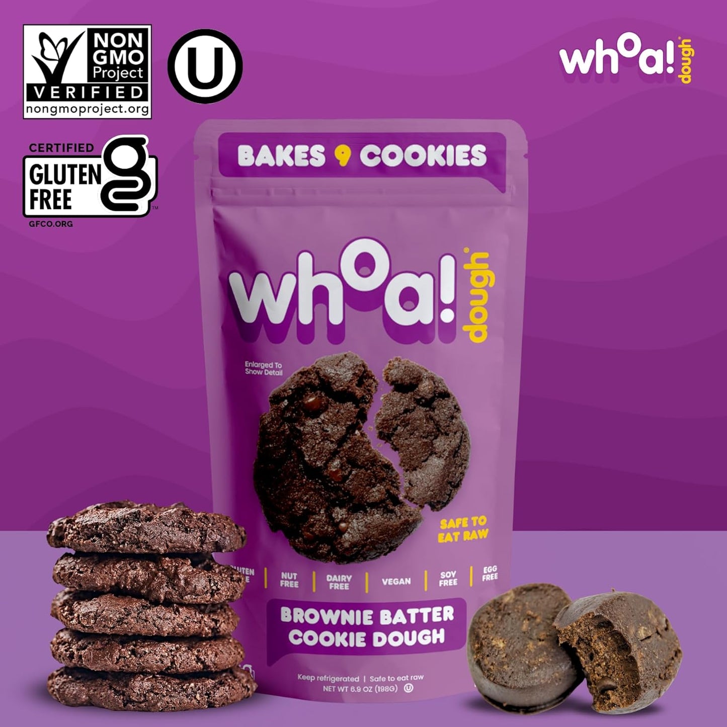 Whoa Dough Ready to Bake Cookie Dough Brownie Batter – Certified Non-GMO, Kosher, Gluten Free – Plant-Based Snack Dough Made with Real Ingredients – 12 Pack