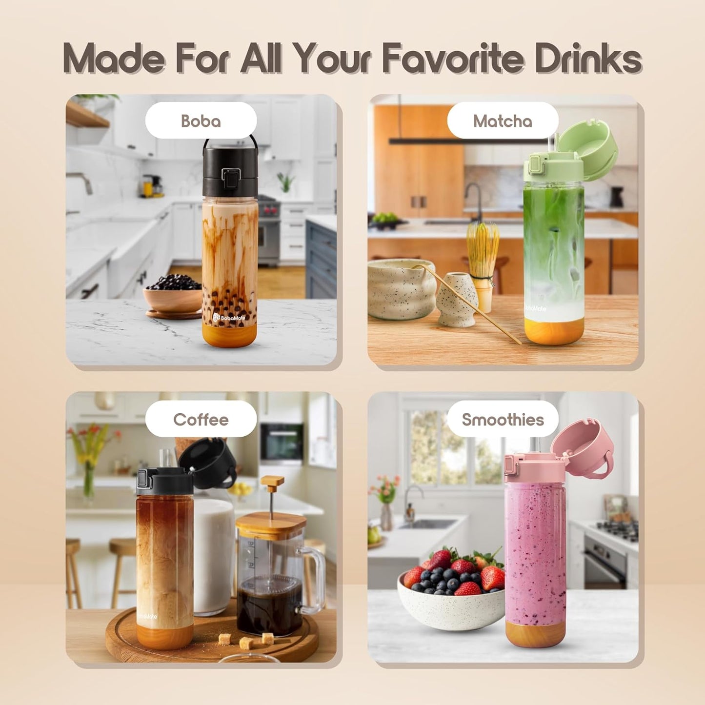 BobaMate® 25 oz Reusable Boba Cup & Tumbler with Lid, Straw, & Handle – Iced Coffee, Smoothie, Iced Matcha Cup – Spill-Proof, Shatter-Resistant, BPA-Free – Ube