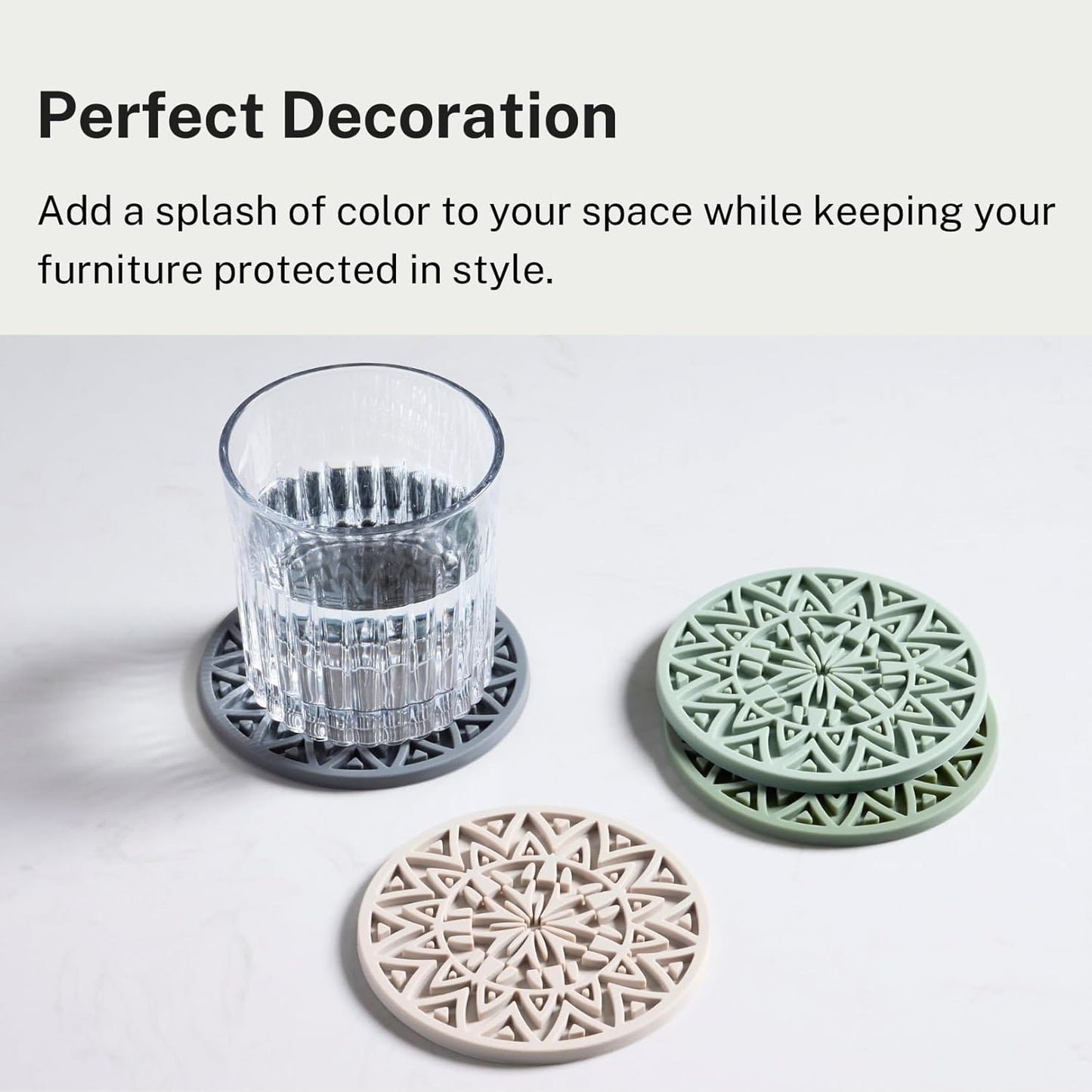 Set of 6 Sage Green Silicone Coasters with Holder, Drink Coasters with Tribal Pattern Shape- for Table Protection, Anti Slip, Nonstick, Heat Resistant, Deep Tray