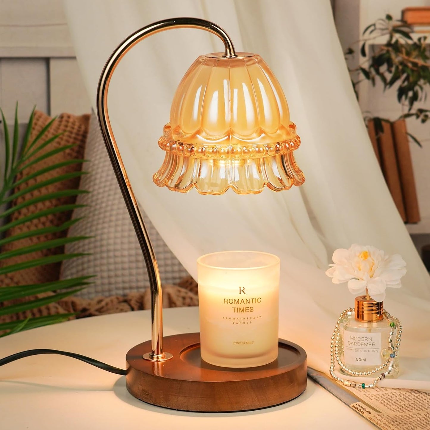 Glass Candle Warmer Lamp with Timer, Flower Candle Lamp, Birthday Gifts for Women, Mom, Female Friend, Candle Lamp Warmer Gifts, Electric Dimmable Candle Warmer, Vintage Home Decor, Amber