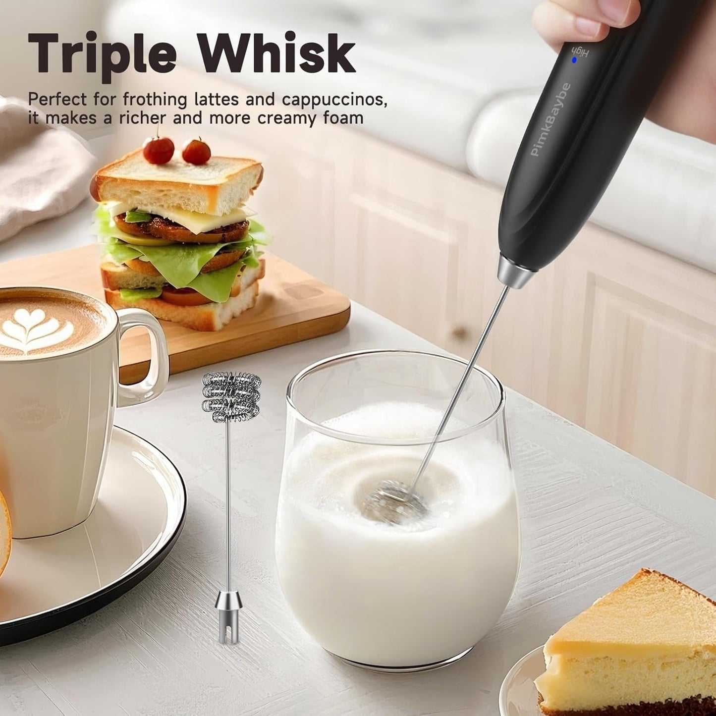 Electric Milk Frother Handheld, Triple-whisk 3-Speed Coffee Drink Mixer with 3 Stainless Steel Whisks (Including Triple-Spring Frothing Whisk) – Stand Included for Cappuccino, Latte, Egg Whisking