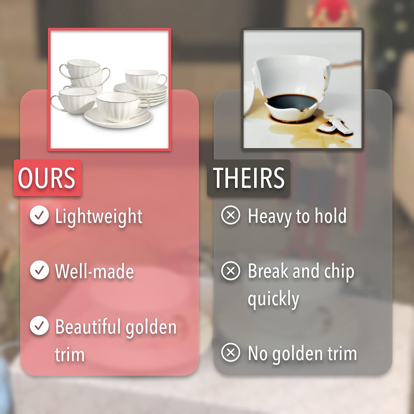 BTaT- White Tea Cups and Saucers Set of 6 (7 oz), Porcelain White Tea Cup Set with Golden Trim Design, Dishwasher Safe