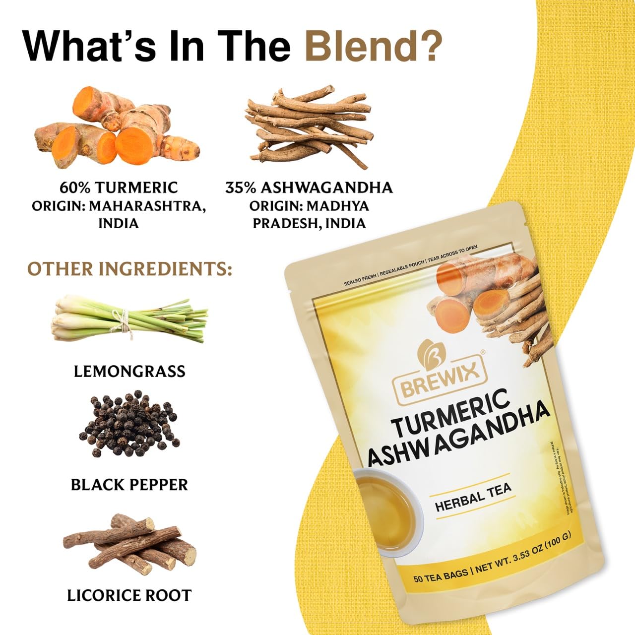 BREWIX, Turmeric Ashwagandha Herbal Tea (50 Pyramid Tea Bags) Adaptogenic Herbs for Stress & Mood Support | Evening Calm & Sleep Support | Real Ingredients From India, Caffeine Free & Naturally Gluten Free