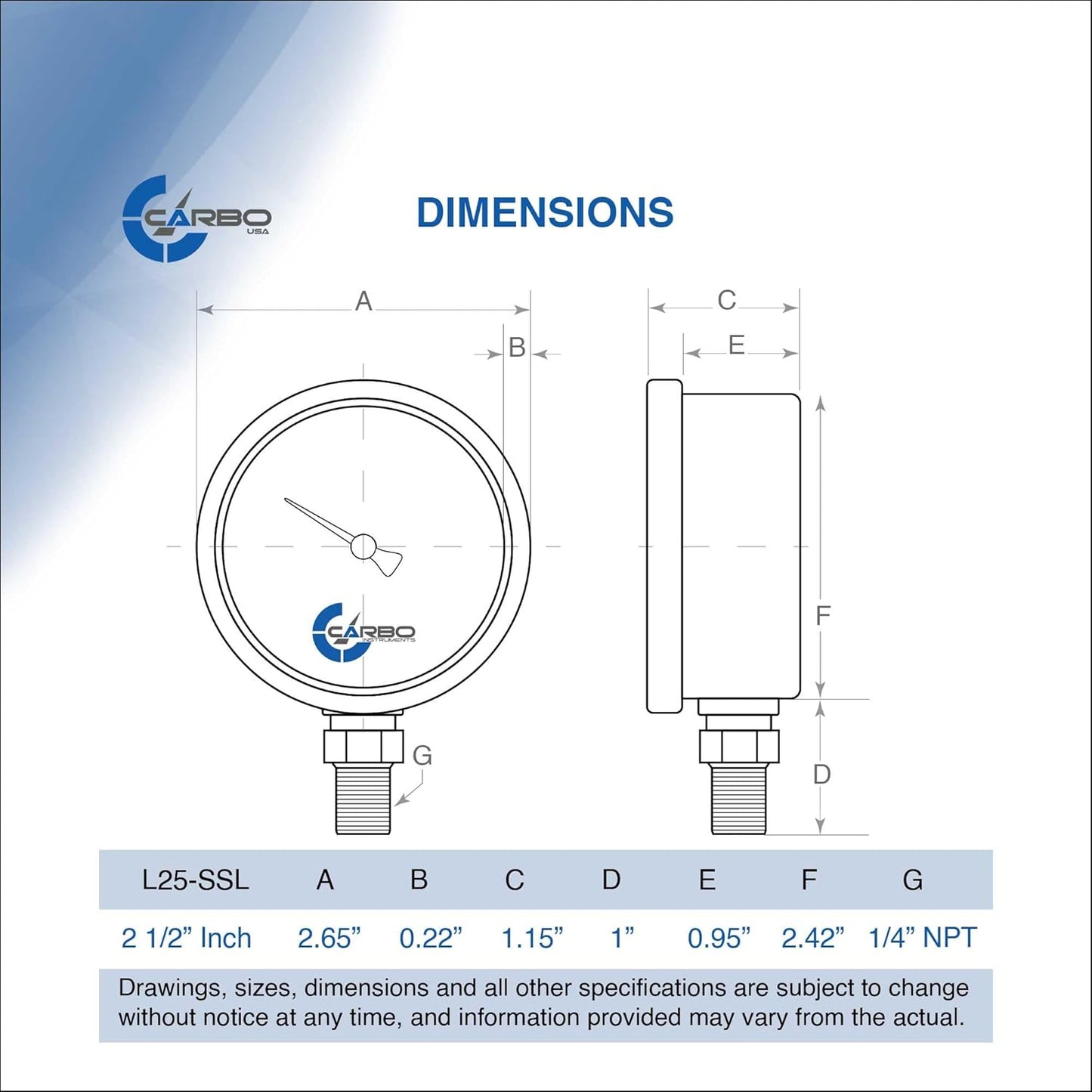 Stainless Steel Pressure Gauge Dual Display (0-160 psi/kPa) - 2 1-2" Glycerine Liquid Filled Water Air Oil Gas Gauge with Polycarbonate Lens & Brass Connection - 1/4" NPT Lower Mount