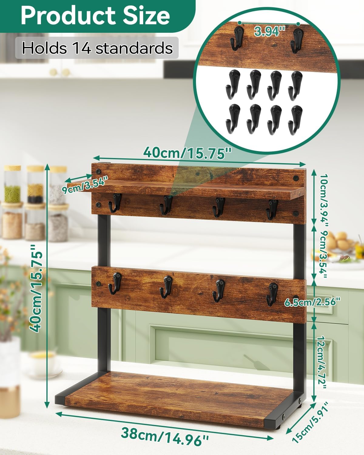 IBUYKE Rustic Coffee Mug Holder Stand, 2 Tier Countertop Mug Tree Holder Rack with Storage Base, Vintage Mug Holders for Kitchen, Holds 8 Mugs, Rustic Brown UTBJ002H