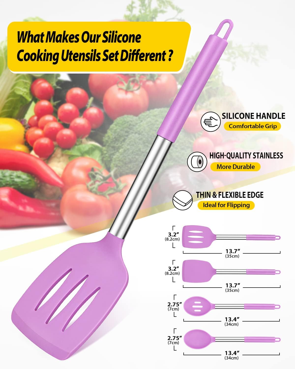 Pack of 4 Silicone Cooking Utensils Set, Non Stick Large Solid Spatulas, Heat Resistant Purple Slotted Spoons, Ideal BPA Free Kitchen Turners for Frying, Mixing,Serving,Draining,Turning,Stirring