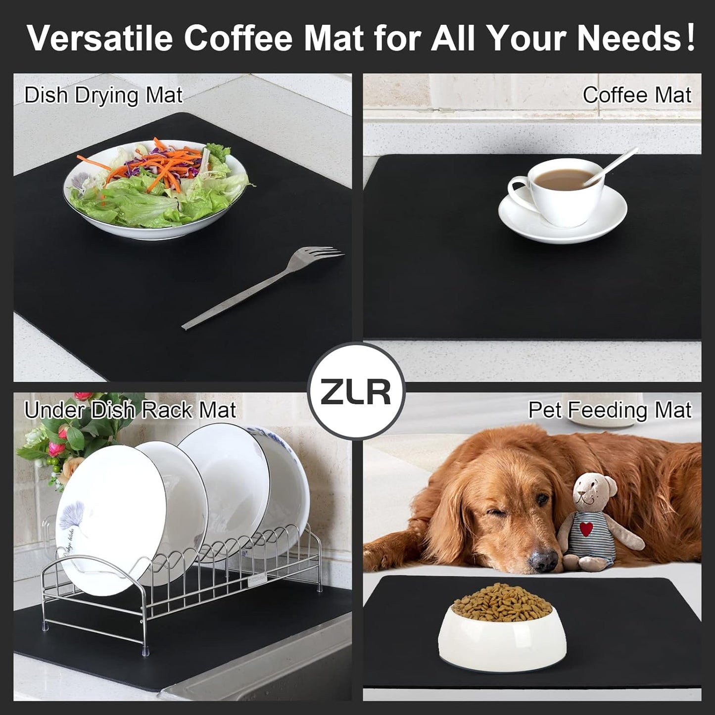 ZLR Coffee Mat - 16" x 24" Extra Large Kitchen Hide Stain Absorbent Dish Drying Mat for Countertop - Easy to Clean Coffee Bar Mat for Espresso Machine and Spill Protection - Black
