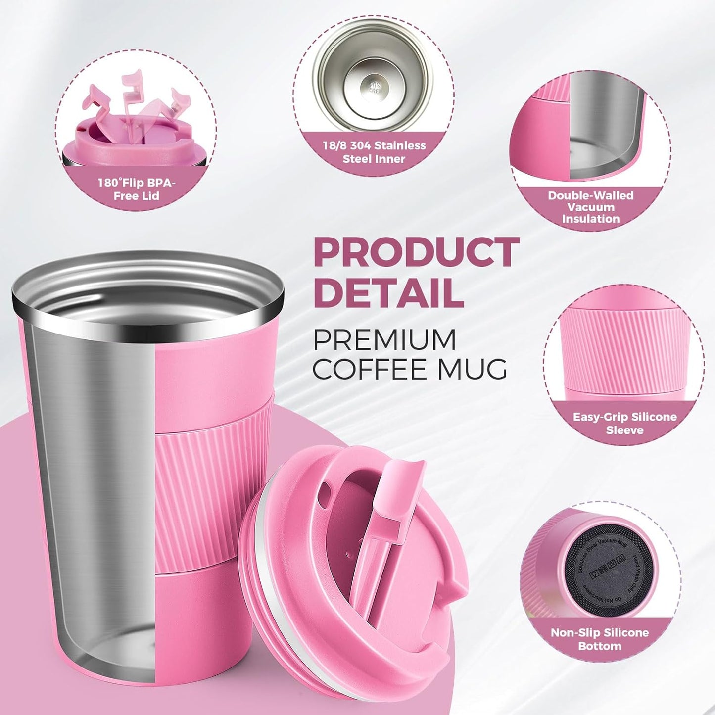 Volhoply 13 oz Stainless Steel Insulated Travel Coffee Mug with Fip Lid Bulk 2 Pack,Reusable Double Wall Vacuum Metal Coffee Cup,Portable Leak Proof Thermal Tumbler for Hot & Cold Drinks(Mix,2)