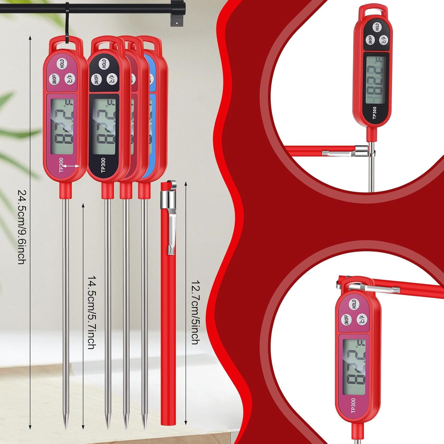 8 Pcs Meat Food Thermometer Food with Probe Water Liquid Instant Read Digital Thermometer Kitchen Cooking Supplies for Cooking BBQ Milk Yogurt (Red,Black,Pink,Blue)