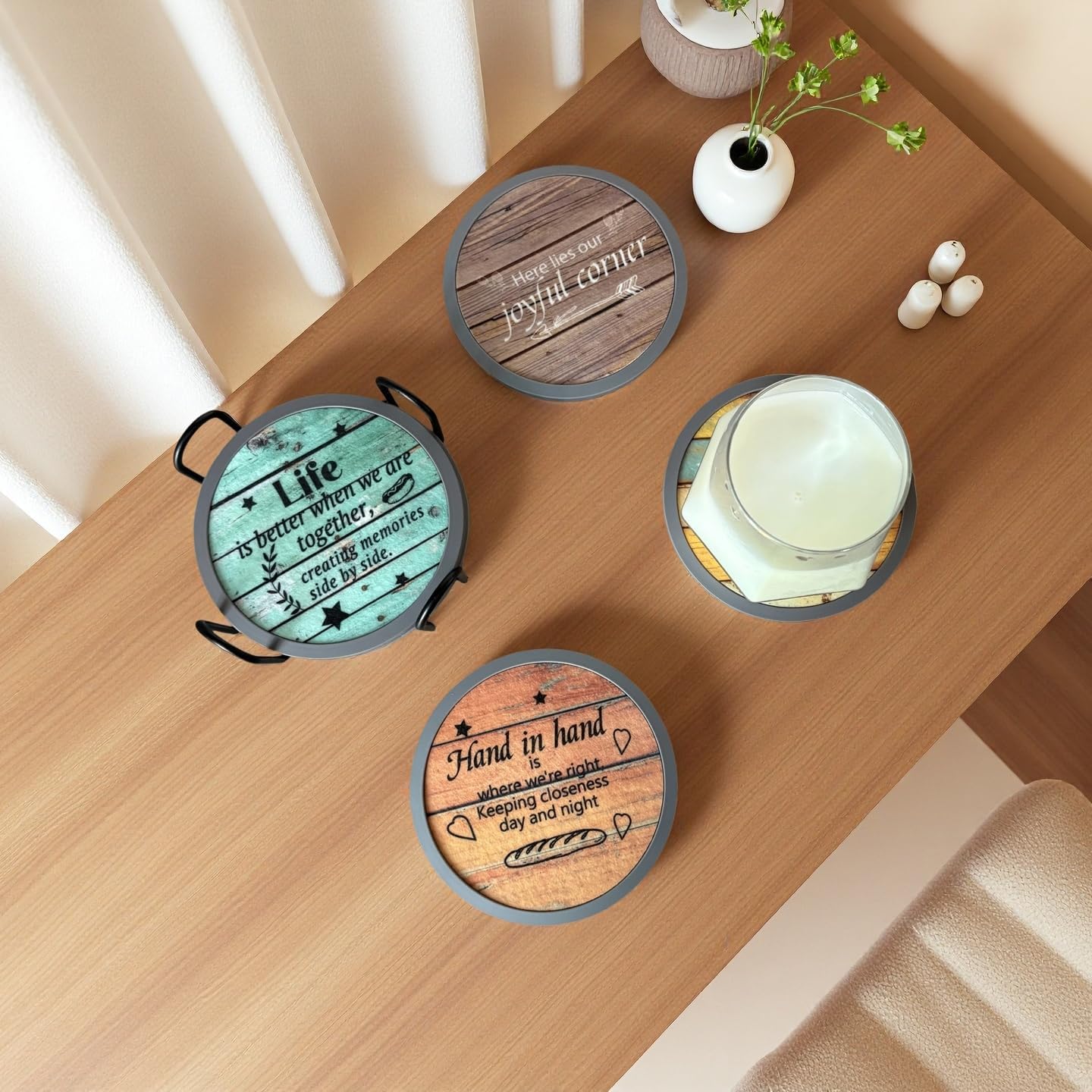 Absorbent Coasters for Drinks with Holder, Set of 6 Farmhouse Coasters, Silicone Coaster with Soft Felt Insert, Round, Housewarming Gifts