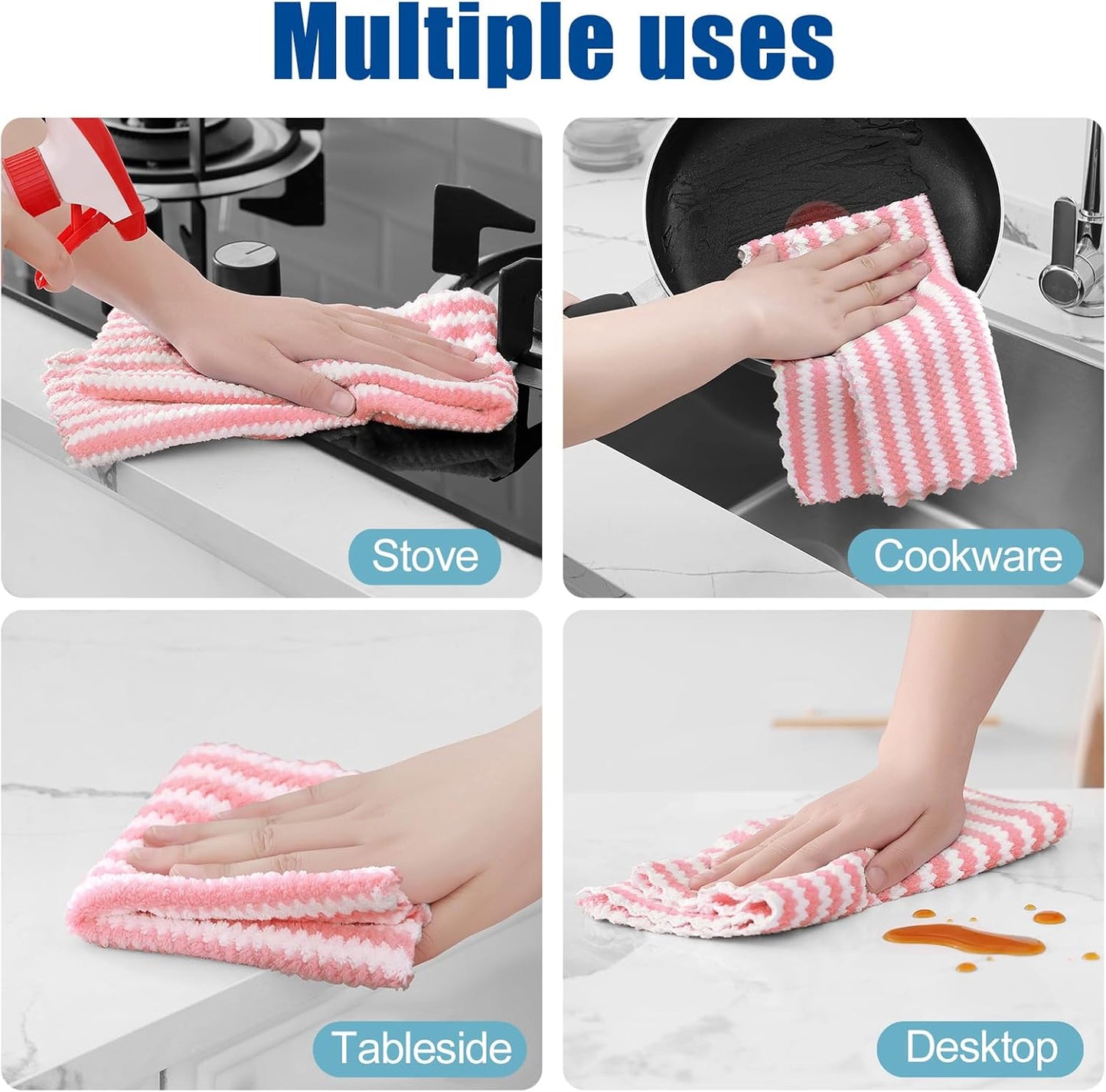 Homaxy Kitchen Towels(12 Pack, 10 x 20 inches), Ultra Soft and Absorbent Dish Towels, Reusable Fast Drying Microfiber Cleaning Cloth, Coral Velvet Wave Design No-lint, Pink