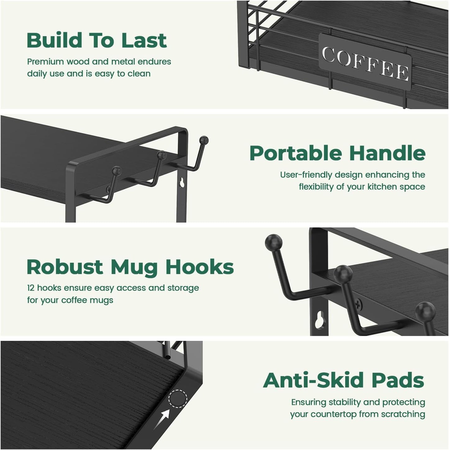 EsLuker.ly Coffee Mug Cup Holder Tree Bar Station Organizer, 2 Tier Mug Stand Rack for Countertop Kitchen, Storage Tower Display Shelf with 12 Hooks, Coffee Nook Enhancer, Black