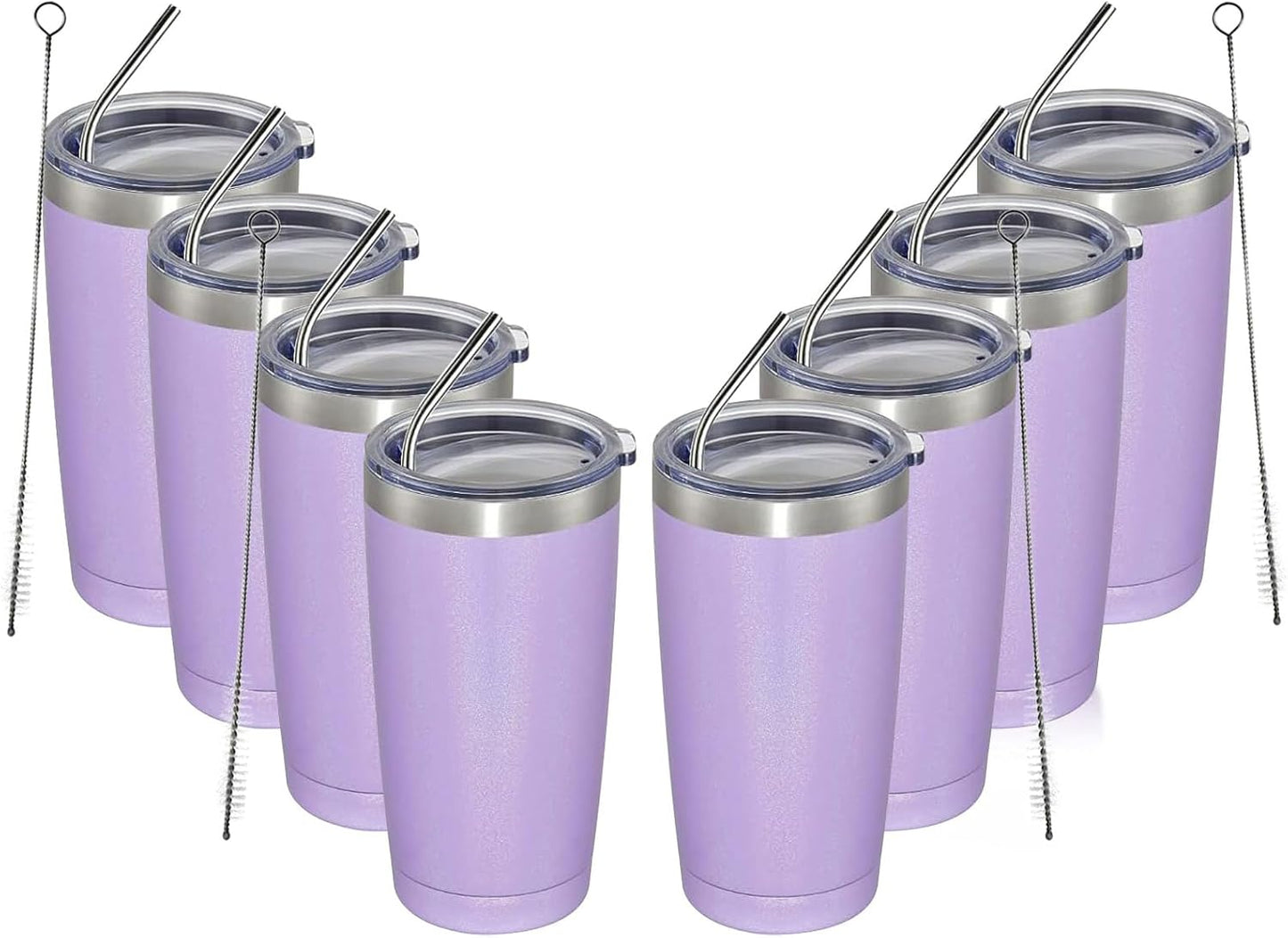 MEWAY 20oz Tumbler 8 Pack Double Wall Vacuum Insulated Travel Glitter Mug Bulk, Stainless Steel Tumblers with Lid and Straw, Powder Coated Coffee Cups for Woman(Rainbow Purple,Set of 8)