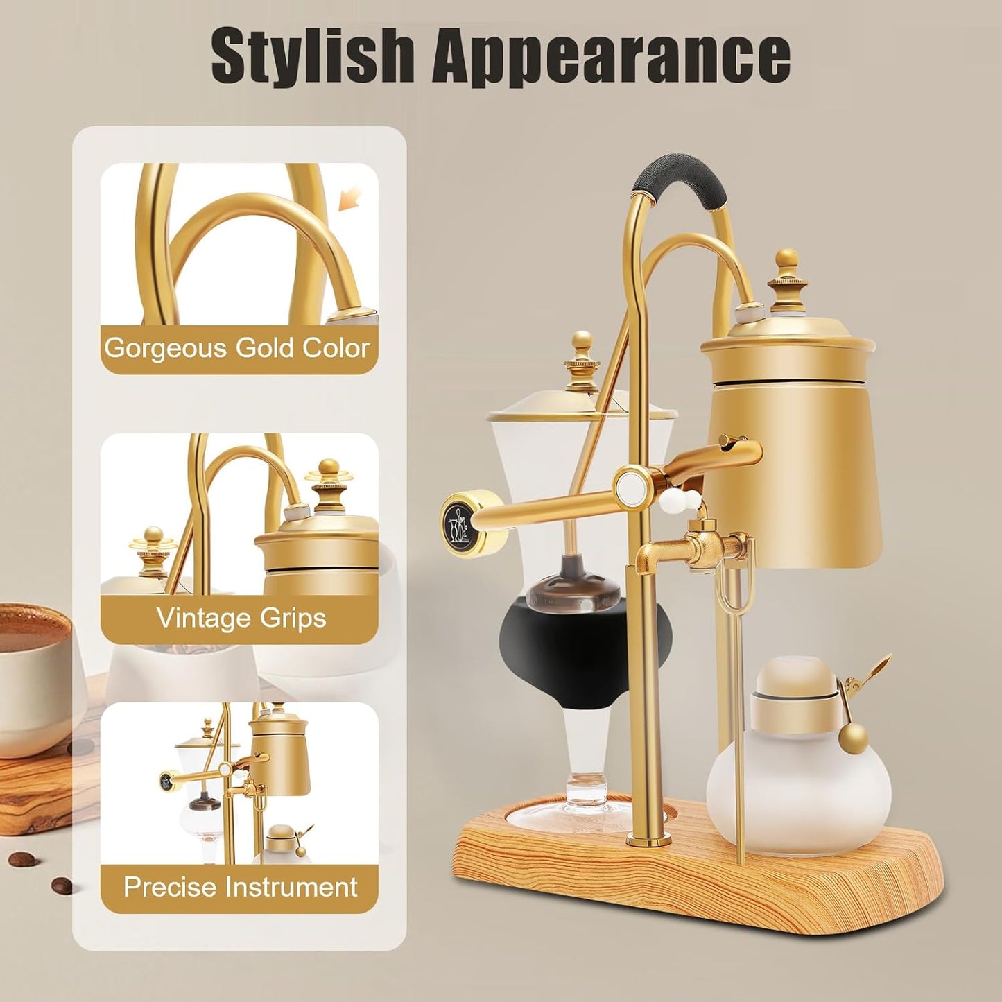 Belgian Syphon Coffee Maker, Belgian Belgium Royal Family Balance Syphon Siphon Coffee Maker Vacuum Brewing System w/Measuring Cup & lcohol Burne, Classic Gold