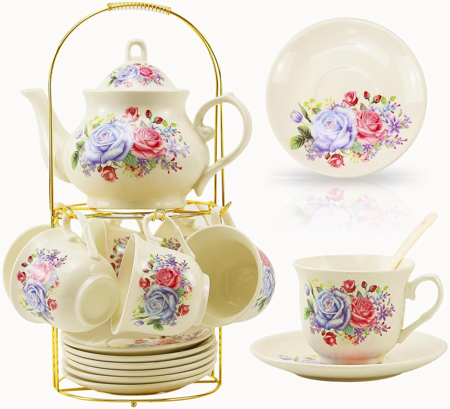 20-Pieces Porcelain Bone china Tea Sets,Gold Rim Coffee Set with Golden Metal Rack,Tea Gift Sets for Home&Party (009)