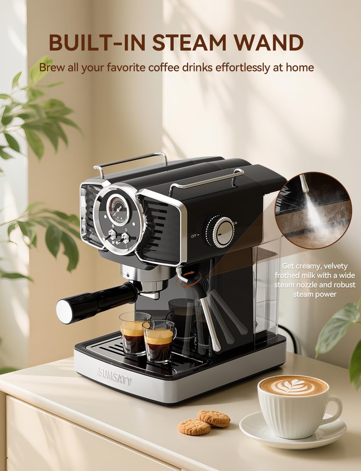 Espresso Machine 20 Bar, Professional Espresso Maker with Milk Frother Steamer Wand, Espresso Coffee Machine Black, Cappuccino & Latte Machine for Home, Retro, 1.8L Removable Water Tank