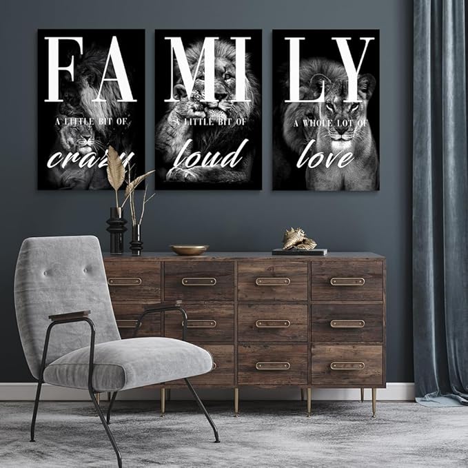 GUBIYU Black Gray Animal Wall Art Set of 3 Lion Prints - Image 2