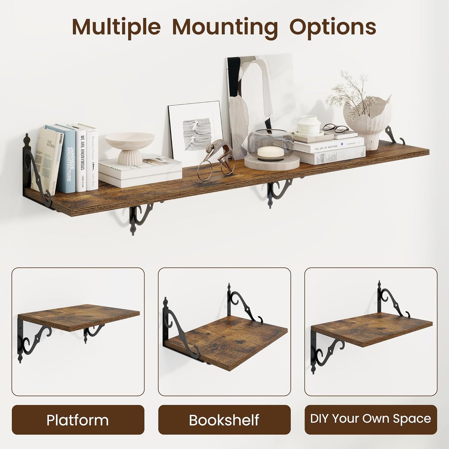 RICHFOCUS 12 Inch Deep Floating Shelves for Wall, 16" W x 12" D Wood Wall Shelves Set of 2, Wide Floating Shelves for Living Room, Bedroom, Kitchen, Bathroom and Decor Storage, Rustic Brown