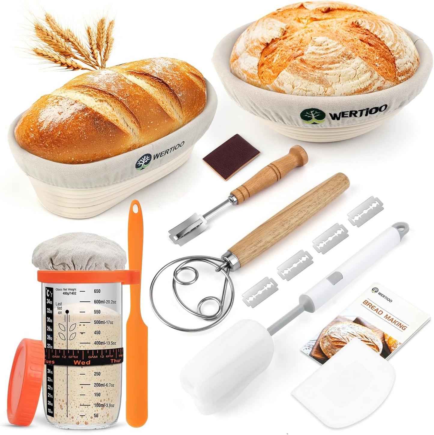Sourdough Bread Baking Supplies, Sourdough Starter Kit, 9 Inch Round & 10 Inch Oval Banneton Bread Proofing Basket with 24 Oz Glass Jar, Sour Dough Tools with Danish Dough Whisk & Scraper