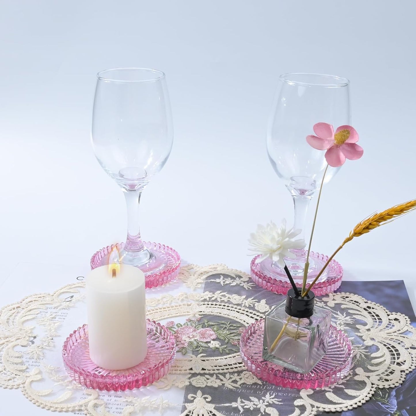 Glass Coaster 6 Pack Round Cup Coasters for Drinks,Crystal Coffee Coaster,Stylish Drink Coasters for Kitchen Bar Dining Room Living Room Office Decor and Jewelry Storage,Pink