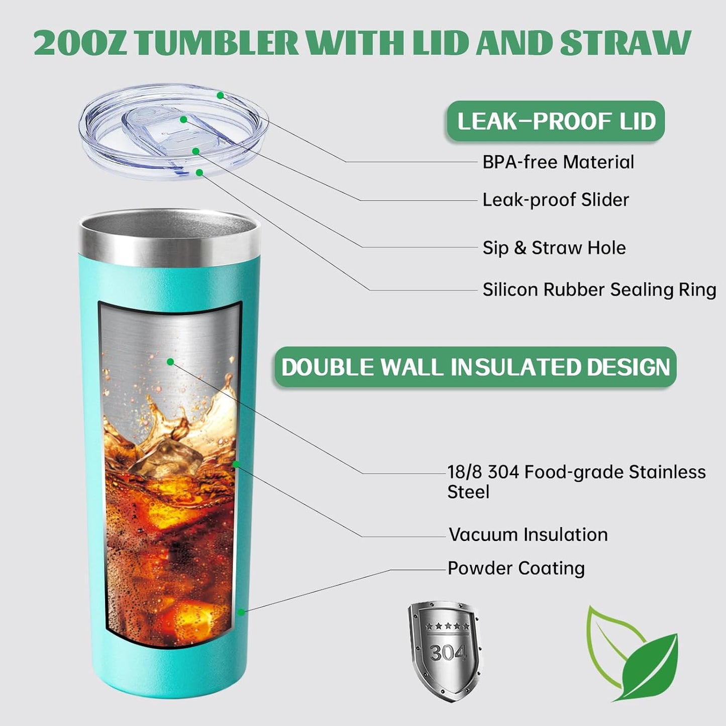 20 oz Skinny Tumbler with Lid and Straw,Stainless Steel Vacuum Insulated Tumbler Cup Double Wall Leak-proof Coffee Mug,Travel Thermal Water Tumbler for Home,Office,Outdoor(Teal,8)