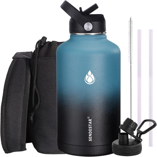 SENDESTAR Water Bottle 64oz Double Wall Vacuum Insulated Leak Proof Stainless Steel Sports Water Bottle—Wide Mouth with New Flex Straw Lid & Spout Lid (Deep Blue&Black)