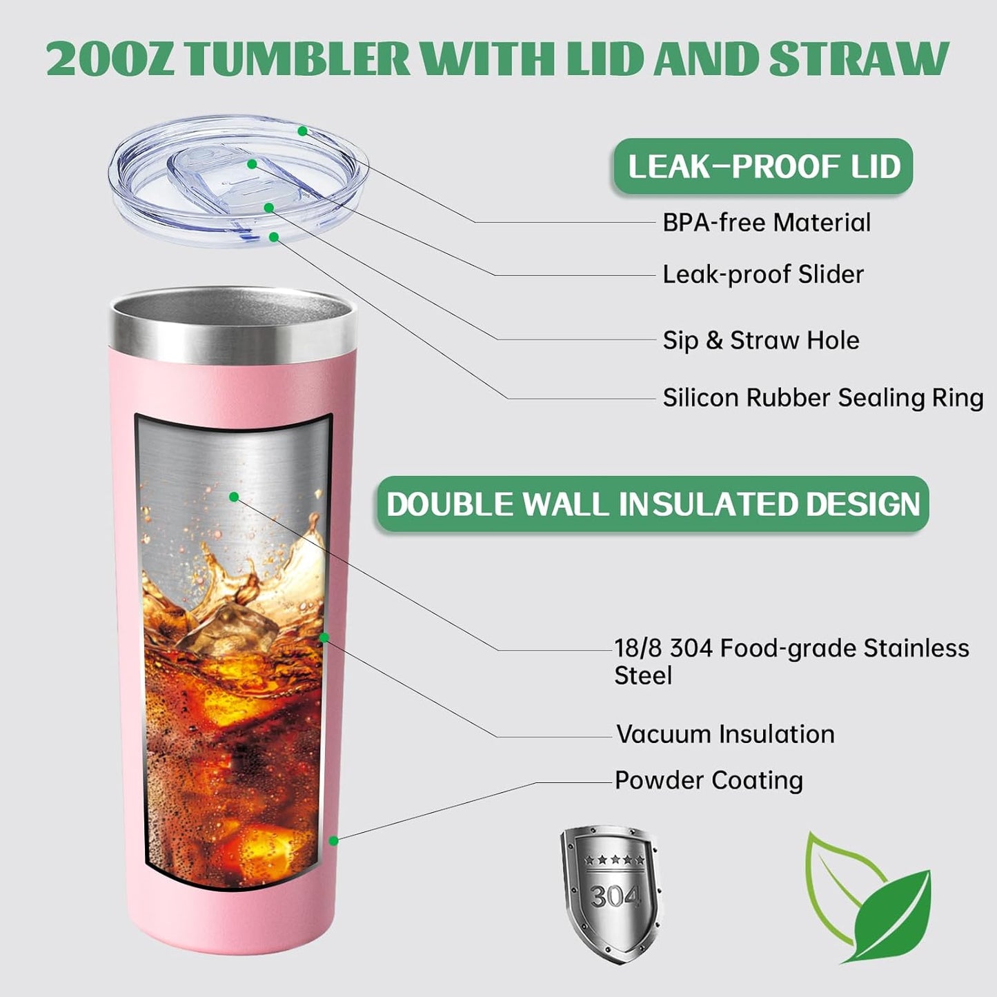 20 oz Skinny Tumbler with Lid and Straw,Stainless Steel Vacuum Insulated Tumbler Cup Double Wall Leak-proof Coffee Mug,Travel Thermal Water Tumbler for Home,Office,Outdoor (Pink,1)