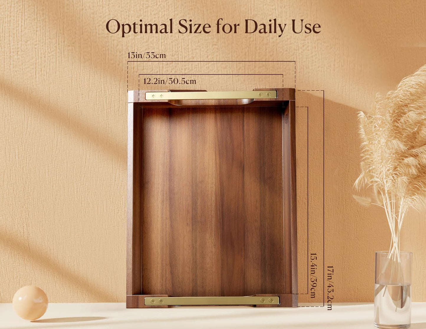 Acacia Wood Serving Tray with Metal Handles, 17x13in Large Ottoman Tray, Food Drinks Tray for Coffee Table, Breakfast, Dinner & Bar, Rustic Decorative Tray for Kitchen, Bedroom Gift Box