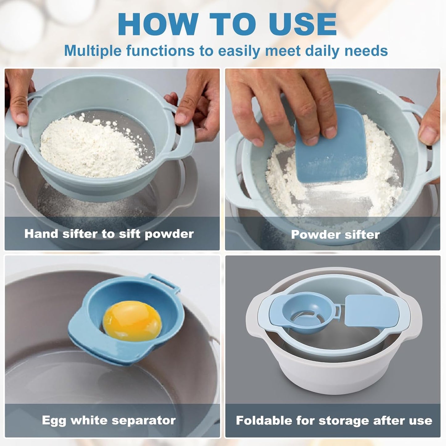 Multifunctional Flour Sifter for Baking, Egg Separator, Mixing Bowl & Scraper, 4-in-1 Baking Tool Set for Pastry & Cupcakes, Send Goods from Local Warehouse