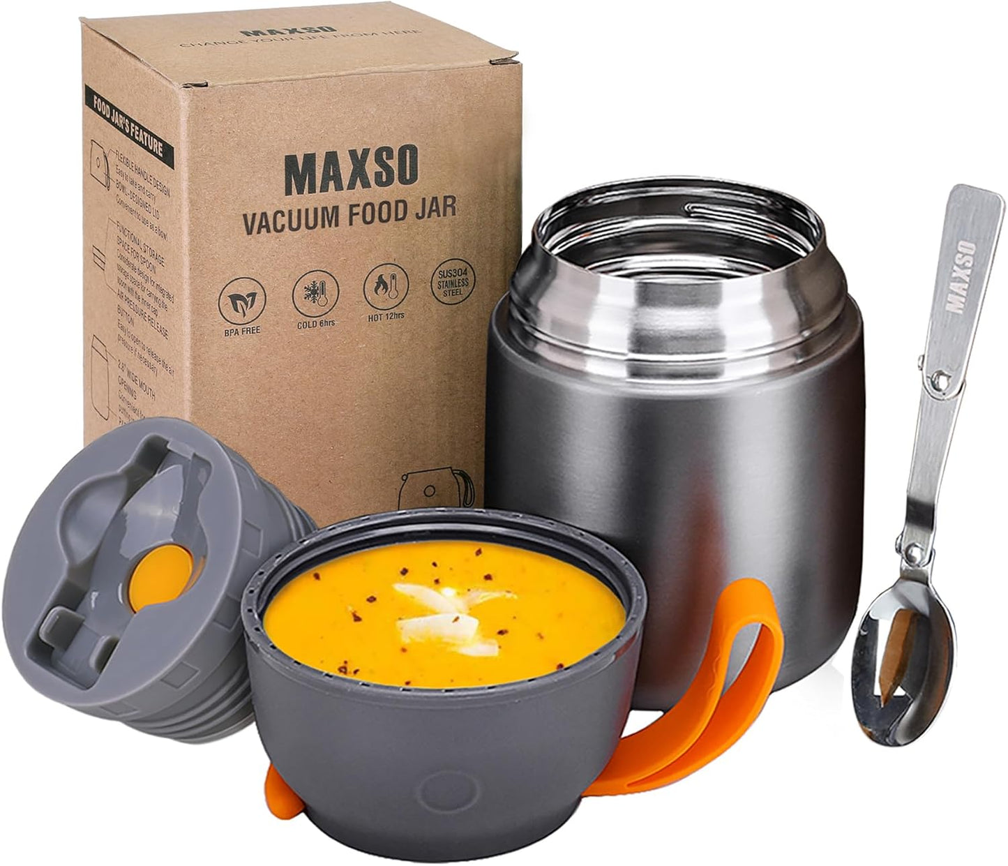 Insulated Thermo Food Jar for Hot & Cold Food for Kids Adult, 17 oz Soup Thermal Hot Food Containers for Lunch, Triple Layer Insulation Stainless Steel Food Jar with Spoon (Grey)