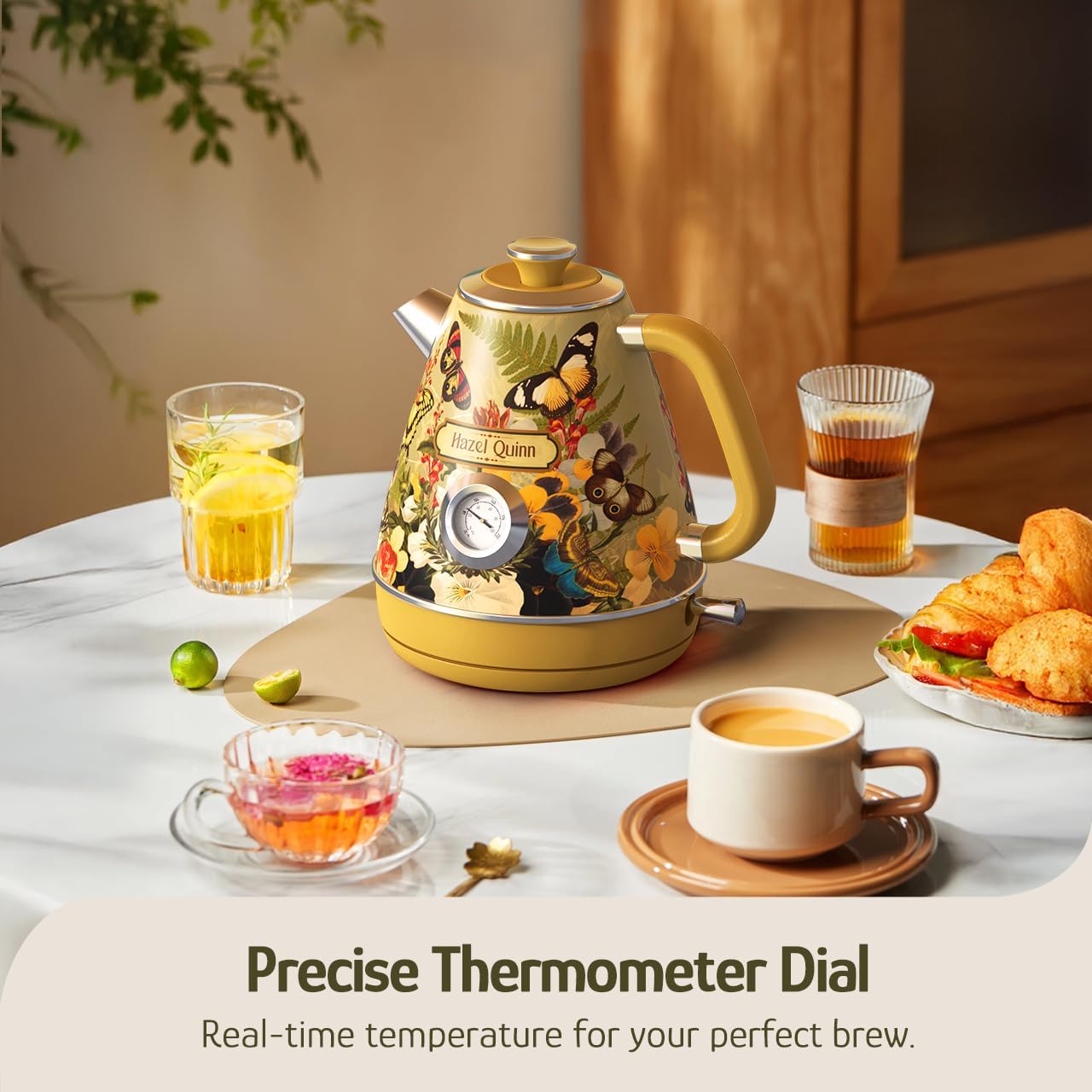 Hazel Quinn X Eduardo Recife Electric Kettle - 1200W Fast Water Boiling, 1.7L/57oz, All 304 Stainless Steel Interior, BPA-Free, Auto Shut-Off, Cordless Retro Teapot with Thermometer - Floral Patterned