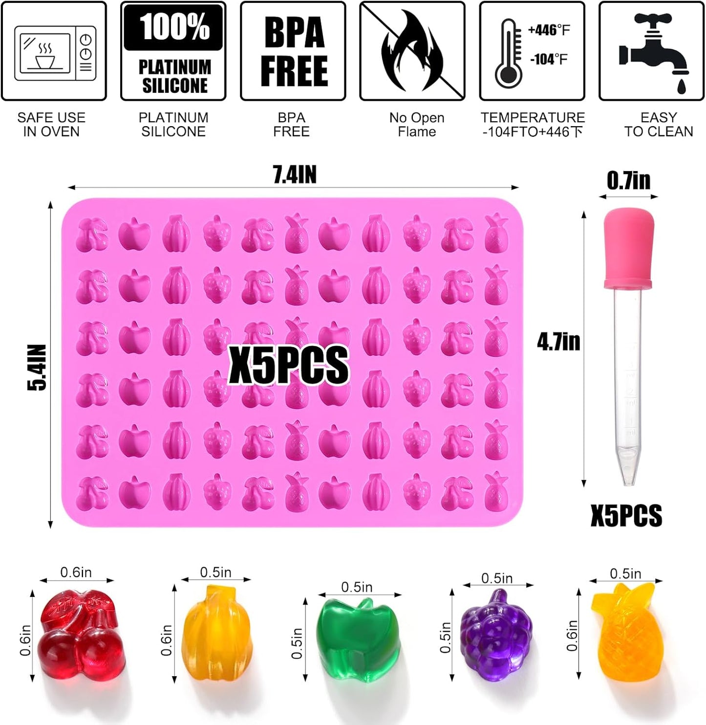 Mity rain 5pcs Fruit Snack Molds Silicone Bpa Free, Gummy Candy Molds Chocolate Molds With 5pcs Dropper For Kids, Including Mini Pineapple, Banana, Cherry, Apple, Grape Shape