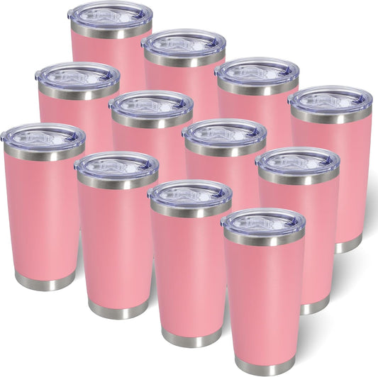 20oz Tumbler Bulk Stainless Steel Tumblers with Lid Vacuum Insulated Double Wall Travel Coffee Mug Powder Coated Tumbler Cup for Hot and Cold Drinks(Pink, 12 pack)