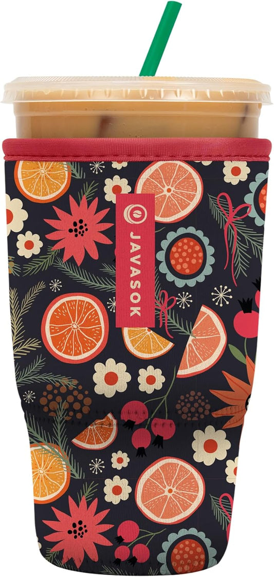 Sok It JavaSok Iced Coffee & Cold Soda Insulated Neoprene Cup Sleeve (Festive Fruit, Large: 30-32oz)