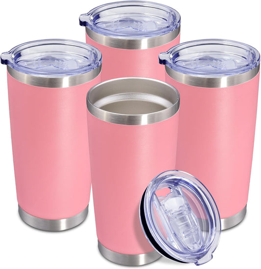 20 oz Tumbler Coffee Tavel Tumblers Bulk with Lid Stainless Steel Double Wall Vacuum Insulated Mug Powder Coated Cups fit Car Cupholder for Hot and Cold - Pink, 4Pack
