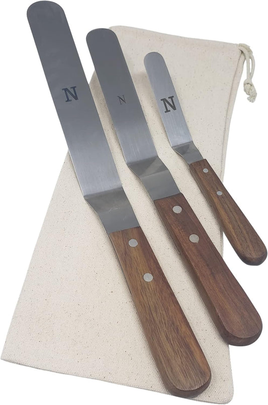 Offset Stainless Steel Spatula Set with Wood Handles and Storage/Gift Bag - Professional Cake Decorating Tools - 4", 6.5" & 8" Stainless Steel Offset Blade Cake Spatula Set