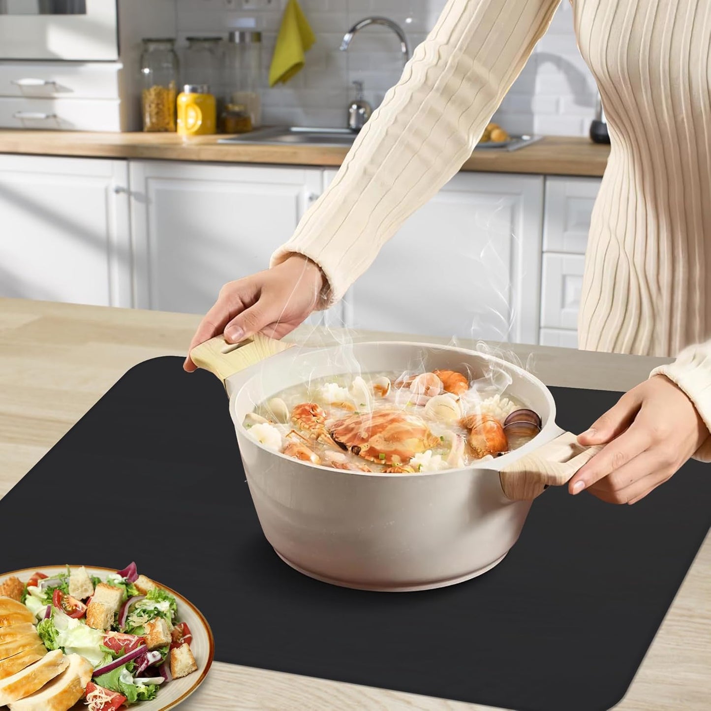 Silicone Mat for Kitchen Counter, Silicone Mat Trimable to Size (Black, 23.6×15.7inch-2PCS), BPA-Free Silicone Placemat, Heat-Resistant NonSlip Table Mat for Air Fryer, Countertop Protector Mat