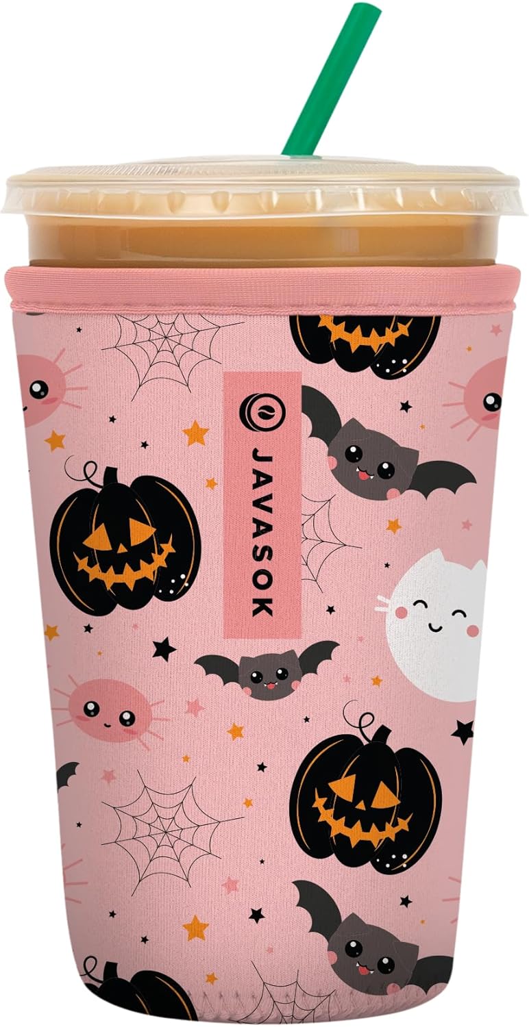 Sok It JavaSok Iced Coffee & Cold Soda Insulated Neoprene Cup Sleeve (Spooky in Pink, Medium: 22-28oz)